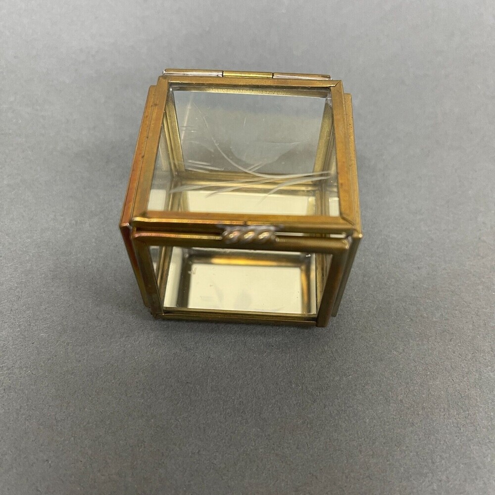 Vintage Glass Brass Mirrored Small Jewelry Trinket Box Square with Bird